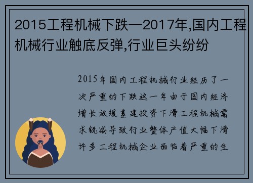 2015工程机械下跌—2017年,国内工程机械行业触底反弹,行业巨头纷纷